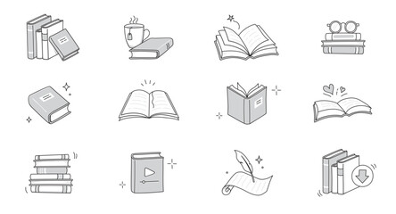 Book line doodle icon set. Hand drawn sketch doodle style line icon book, diary. Open library, reading, school education doodle concept icon. Blue pen line style stroke. Vector illustration.