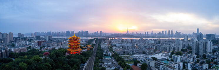 Under the sunset, Wuhan Huanghelou Ancient Building Landscape Aviation