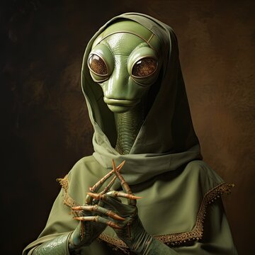 Giant humanized praying mantis portrait dressed in khaky gown. Parallel worlds. Aliens. AI generated art. Concept of univers, life, extraterrstrials
