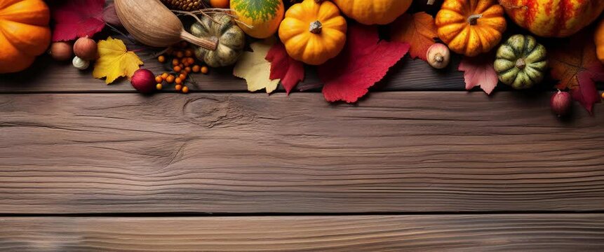 Autumn thanksgiving day. composition of pumpkins and autumn vegetables and fruits. Anamorphic video