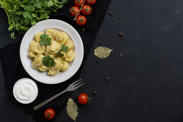 Fragrant dumplings with meat and herbs on a light plate. Cherry tomatoes, sprigs of parsley and bay...