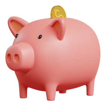 Pink piggy bank icon with coin and transparent background, 3d rendering