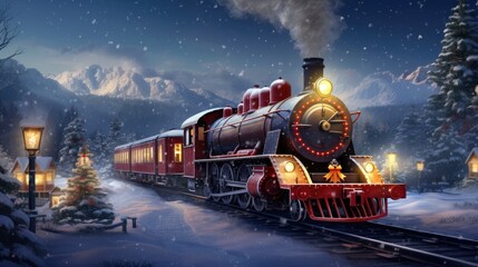 A snowy scene with a train for a festive christmas illustration.