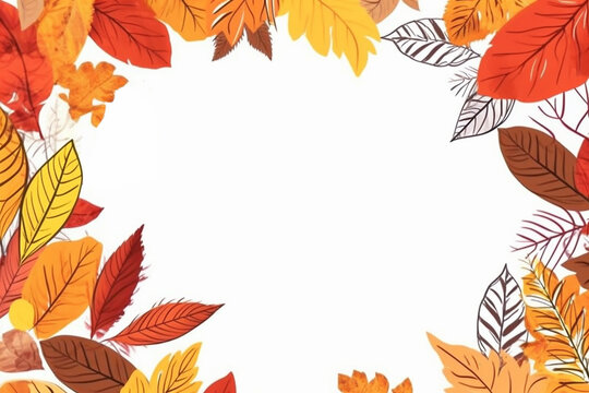Hand drawn colorful autumn leaves on a white background in the form of a frame. Sketch design.