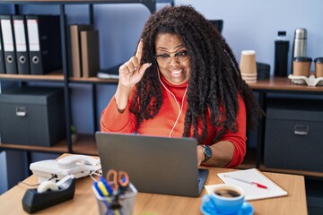Fototapeta na wymiar Plus size hispanic woman working at the office with headphones smiling with an idea or question pointing finger with happy face, number one