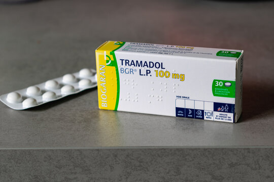 Genaville, France, August 07 2023 : Tramadol box, medicine used to treat pain