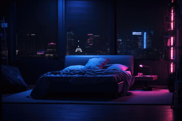 The interior of a bedroom with a bed and large windows at night with blue and pink neon lighting.
