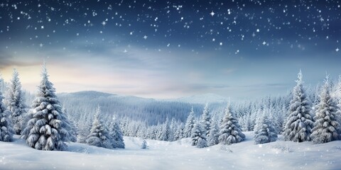 AI Generated. AI Generative. Merry christmas xmas new year winter holiday forest landscape. Decoration poster background adventure explore north
