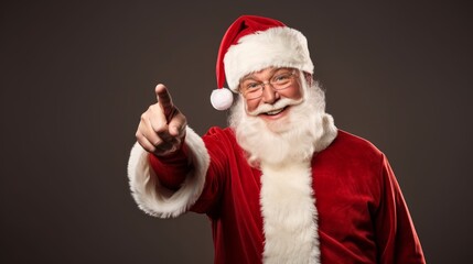 Fototapeta na wymiar Santa Claus pointing at advertising banner with space for text. Generative AI
