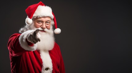 Santa Claus pointing at advertising banner with space for text. Generative AI