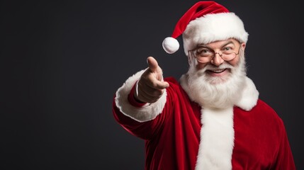 Naklejka premium Santa Claus pointing at advertising banner with space for text. Generative AI