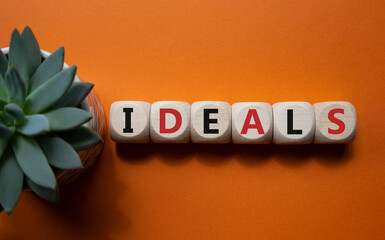 Ideals symbol. Wooden blocks with word Ideals. Beautiful orange background with succulent plant....