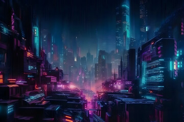 Fototapeta na wymiar Futuristic cyberpunk space city with neon lights at night. Gaming, sci-fi metaverse