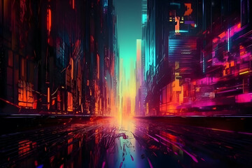 Futuristic cyberpunk space city with neon lights at night. Gaming, sci-fi metaverse