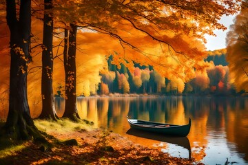 lake in autumn with boat
