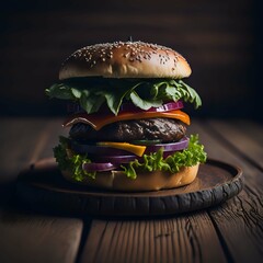 burger on rustic wooden table. Generative AI