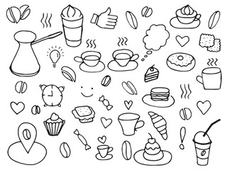 Doodle set of coffee drawings, handmade sketches. Food and Drink, fast food doodles vector set.