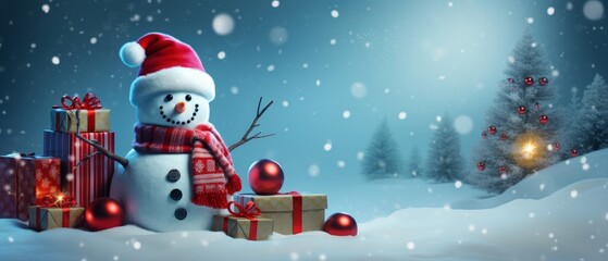 Christmas card with snowman and gifts. Generative AI