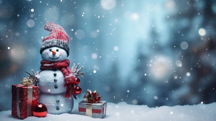 Fototapeta premium Christmas card with snowman and gifts. Generative AI