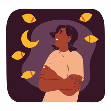 Nyctophobia, phobia of darkness concept. Man afraid monster, scared and panic, creepy eyes followed person from dark. Psychology of fear, mental disorder, anxious imagination. Flat vector illustration