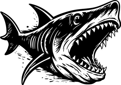 black and white shark with open mouth clip art preview