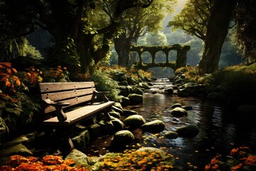 Resting place with a empty bench, fairy forest with a river. Silent place for meditation.