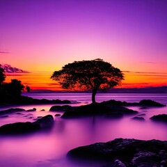 Fototapeta na wymiar purple and orange sunset with a lone tree on a rocky beach