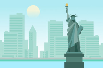 Illustration of New York City in the morning, vector landscape of buildings and the Statue of Liberty © fadfebrian