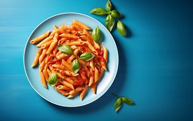 Penne pasta with tomato sauce, parmesan cheese and basil on modern blue background. Top view with copy space, rustic, cottage core, sunlight, AI Generated