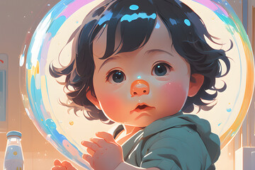 Fototapeta premium A baby whose runny nose swells like soap bubbles Generative AI