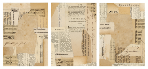 set / collection of isolated Christmas paper collage card backgrounds with holiday, 25th, Xmas / fir tree and December references, for greeting cards, ATC, mail art