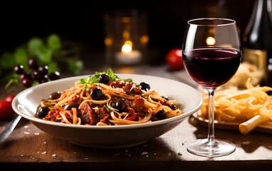 Spaghetti alla Puttanesca with tomatoes, capers, olives, and anchovies on a plate, glass of red wine, modern blue table background, top view, AI Generated