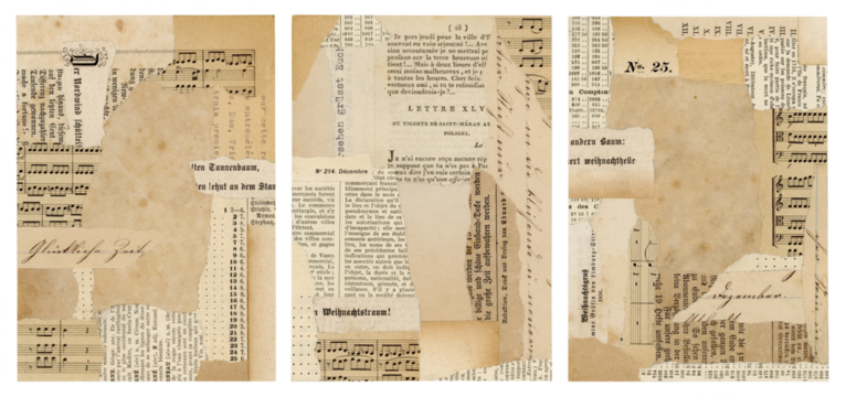 set / collection of isolated Christmas paper collage card backgrounds with holiday, 25th, Xmas / fir tree and December references, for greeting cards, ATC, mail art