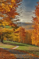 Fototapeta premium trees with orange leaves on them are in a park with a path