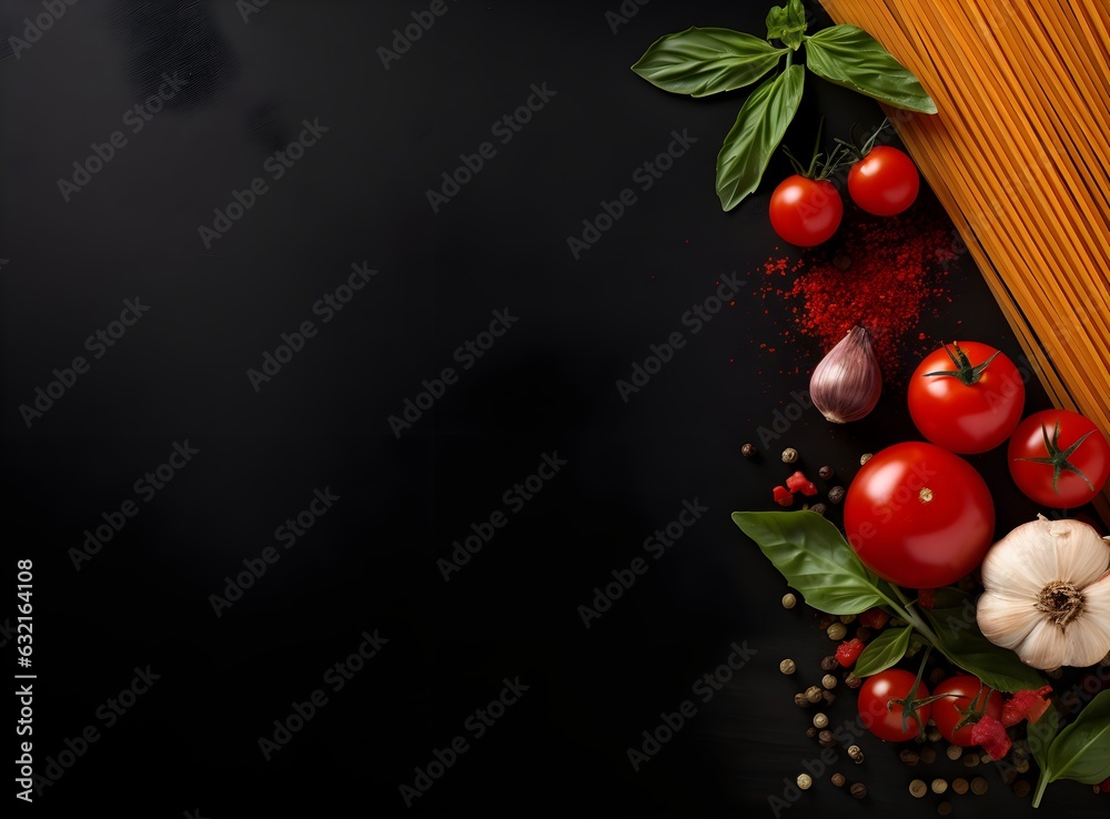 Wall mural fresh ingredients for cooking: pasta, basil, tomato and spices over dark gray black stone marble, co