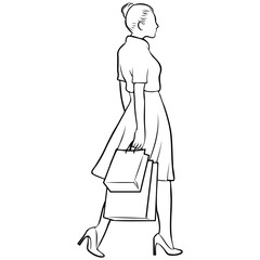 Woman Shopping Line Drawing.