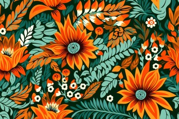 Orange and green floral pattern, vector. Beautiful illustration picture. Generative AI