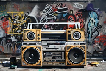 Boombox vector illustration with mural background. 80s technology. 90s music player. Retro style...