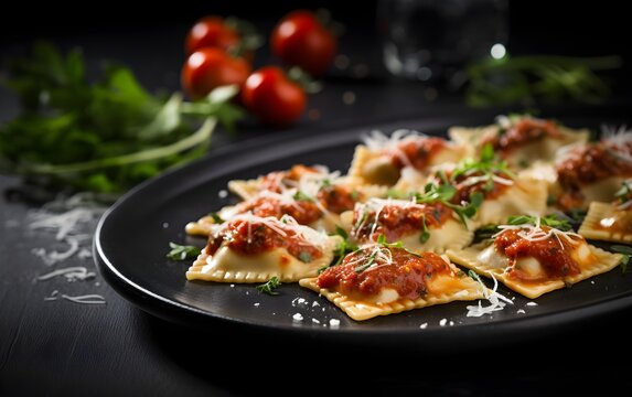 Italian ravioli pasta with cheese, meat on modern stone dark marble background, homemade, AI Generated