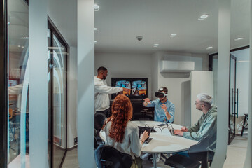 A diverse group of businessmen collaborates and tests a new virtual reality technology, wearing virtual glasses, showcasing innovation and creativity in their futuristic workspace