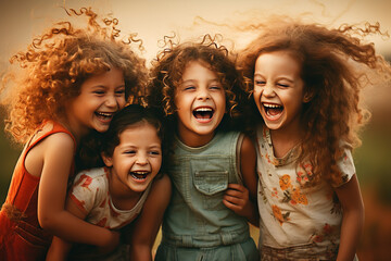 Group of children jumping and laughing. Happiness, friendship, childhood, love. AI generative, illustration.