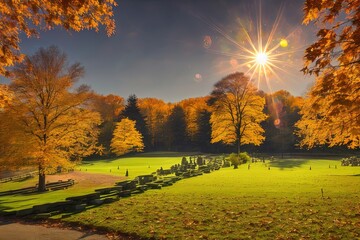 trees with yellow leaves in a park with a bench and sun