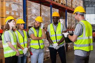 Full team engineering warehouse worker meeting brainstorm. Teamwork professional workshop in warehouse store. Logistics factory industry supervisor manufacture. business logistics and transport.