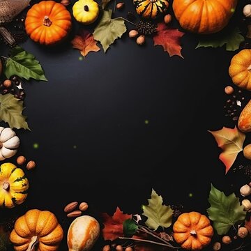 Thanksgiving and Halloween concept. Wooden table decorated with pumpkins, corn combs, and autumn leaves.