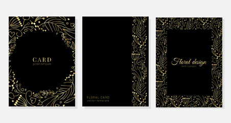 Set of vector cards with hand drawn gold botanical design of small twigs, flowers, berries in doodle style
