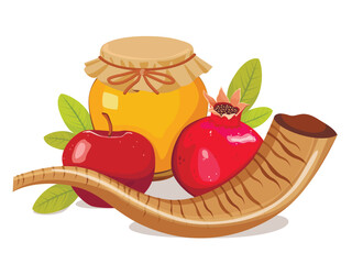 Rosh Hashanah greeting card design with hand drawing simbols of jewish new year apple, honey, shofar and pomegranate. Vector illustration - obrazy, fototapety, plakaty