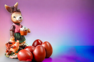 Easter Bunny sits among colorful eggs on a colored background.