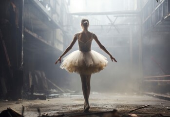 Balerina dancing in an empty industrial building. Paradoxal labor day conceptual background. Ai generated image - obrazy, fototapety, plakaty