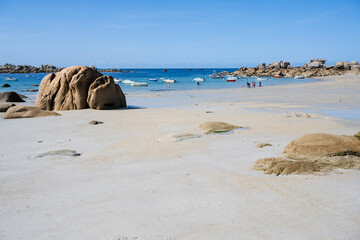 A white sand beach on the wonderful bizarre rocky coast of Brittany in northern France in summer...