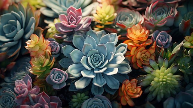 Photo of a vibrant succulent garden with a variety of colorful plants growing together